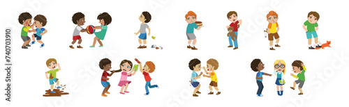 Angry Warring and Bullying Kids Fighting Vector Set