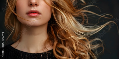 Embracing the Natural Waves: A Woman with Flowing Blonde Hair. Concept Hair Care, Beauty Tips, Styling Techniques, Natural Hair Products, Beach Waves photo