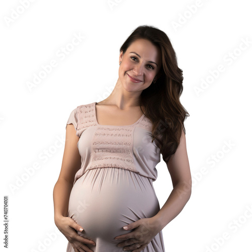 Portrait of a smiling pregnant woman holding belly and expecting baby, isolated on transparent background