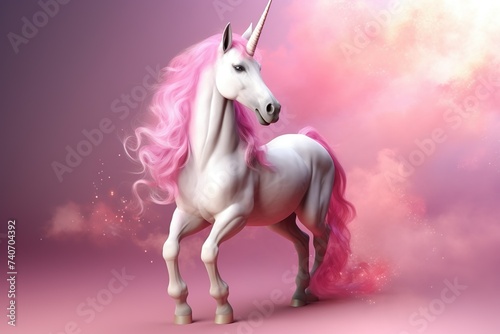 A white unicorn with purple hair and pink hair  on pink background 