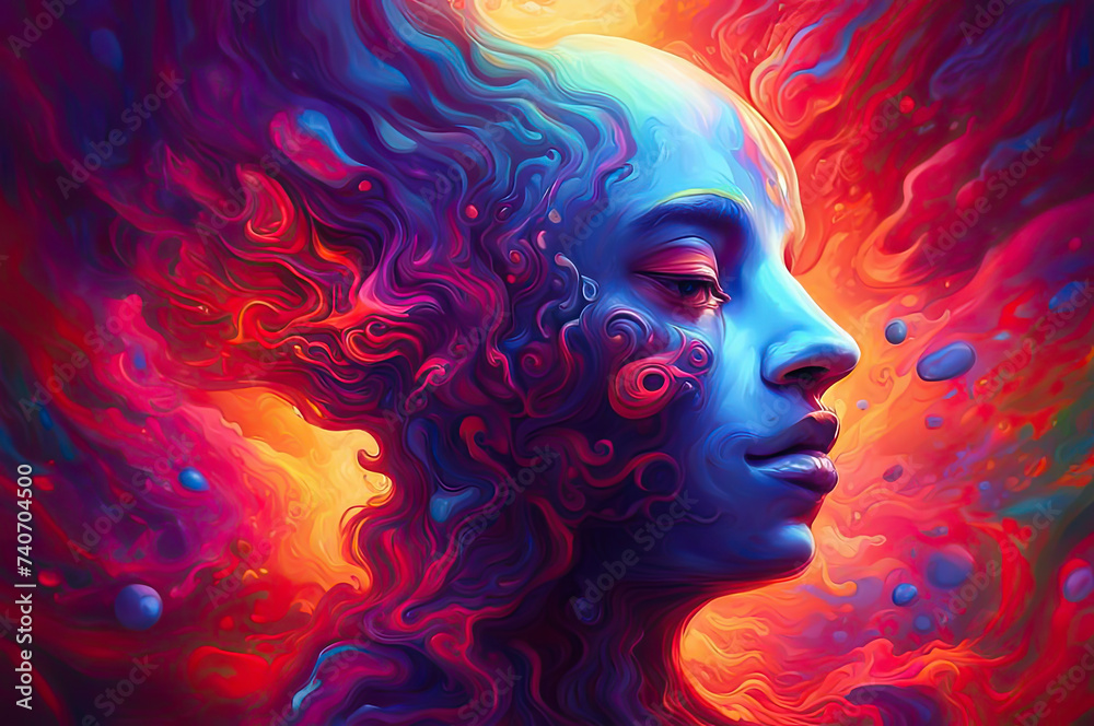 Portrait of a girl in psychedelic style with patterns of rainbow colors, colorful liquid background. Fantasy.