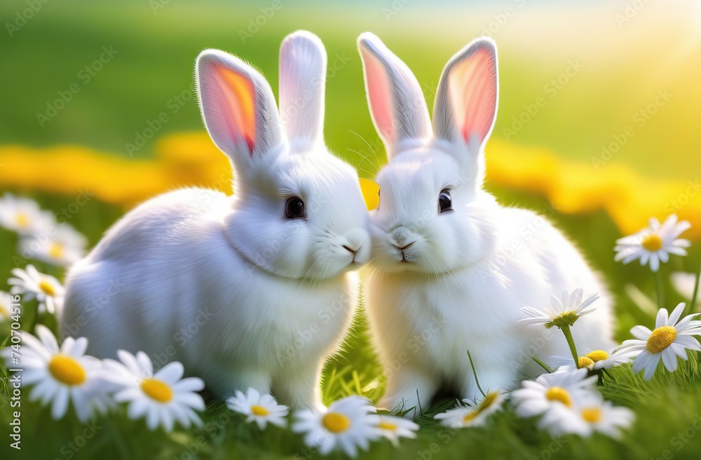 May this Easter bring you peace and joy. Bunnies, vibrant eggs, and daisies adorn this serene meadow.