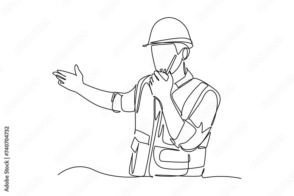  single one line drawing of engineering railway wearing safety uniform and helmet by using walki walki. all about station and train activity. Simple line, train activity.