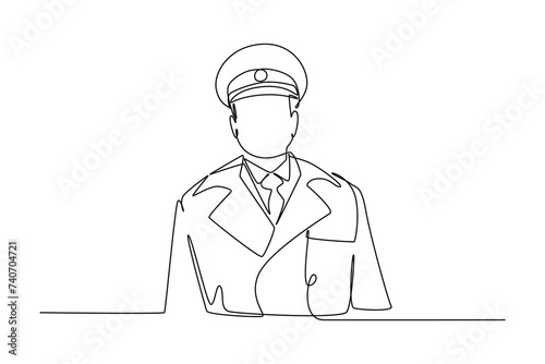 single one line drawing of a conductor standing with full set uniform. all about station and train activity. Simple line, train activity.