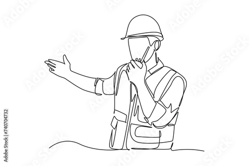  single one line drawing of engineering railway wearing safety uniform and helmet by using walki walki. all about station and train activity. Simple line, train activity.