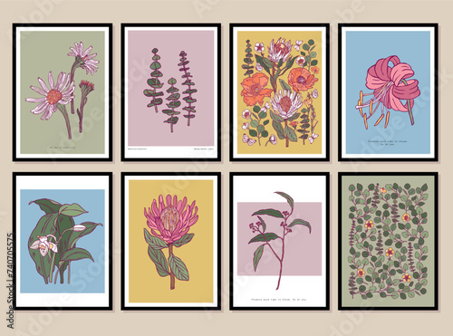 Abstract botanical poster set. Modern trendy minimal style. Boho style vector design for wallpaper, wall decor, print, postcard, cover, template, banner.