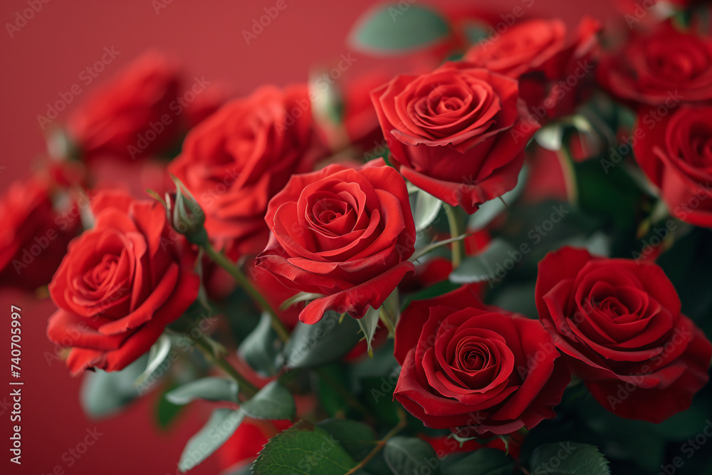 Close view of red roses with green leaves and blurred background