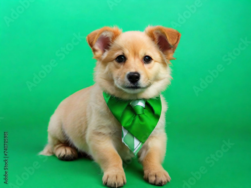 generative Ai, Cute dog with green necktie on color background. St. Patrick's Day celebration © Akang