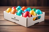 A shipping carton with colored easter eggs on the wooden table. 3d illustration