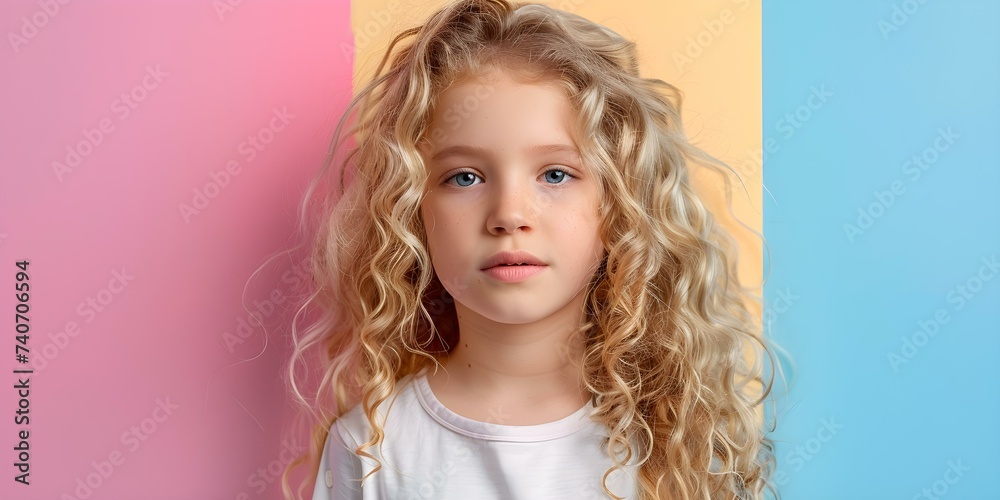 Portrait of young blonde girl with curls against colorful studio backdrop. Concept Portrait Photography, Studio Backdrop, Young Girl, Blonde Curls, Colorful Background Portrait of young blonde girl with curls against colorful studio backdrop. Concept Portrait Photography, Studio Backdrop, Young Girl, Blonde Curls, Colorful Background