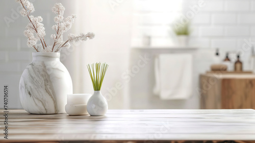 close up of wooden table paper in white bathroom, with blured Background and empty copy space