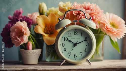 An old alarm clock with beautiful flowers, the concept of the arrival of spring