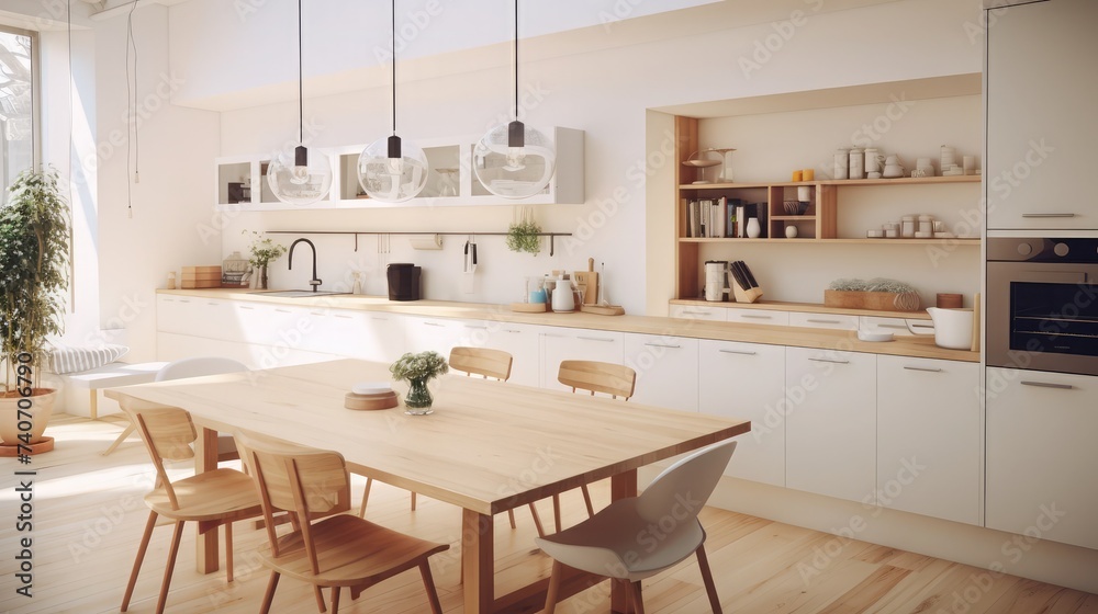 An eat-in kitchen interior design in modern scandinavian style with big wooden table and chairs against light wood floor, bright white walls and furnitures with TV, appliances and hanging light bulbs