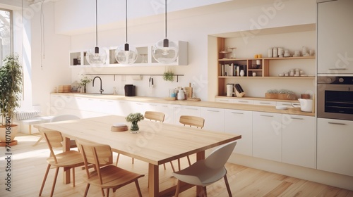 An eat-in kitchen interior design in modern scandinavian style with big wooden table and chairs against light wood floor, bright white walls and furnitures with TV, appliances and hanging light bulbs