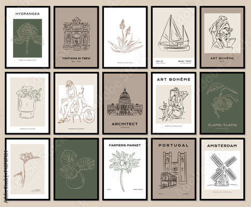 Abstract travel and floral poster set. Modern trendy minimal style. Floral, landmarks, woman portrait. Hand drawn design for wallpaper, wall decor, print, postcard, cover, template, banner.