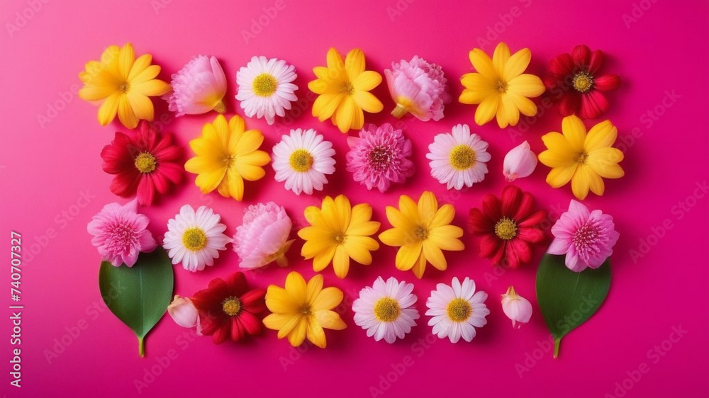  Spring flowers on pink background. Top view,