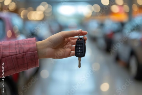 Customer receives keys to a new car at a car dealership, a symbol of purchase and ownership"