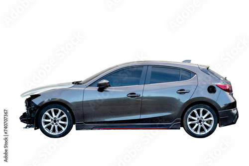 Side of modern black car get damaged by accident on the road. damaged cars after collision. isolated on transparent background, PNG File format © ISENGARD