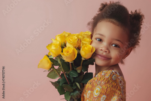 niña afroamericana sonriente peinada con pelo rizado sosteniendo entre sus brazos un ramo de rosas amarillas, sobre fondo rosa claro pastel