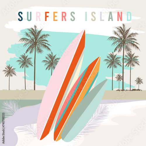 Fashion vector apparel print with van, palms and surfboard, summer vibes design