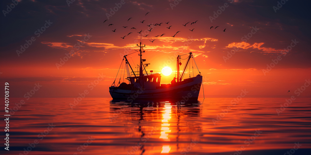 Fishing boat sunset. render silhouette of a deep sea fishing boat during sunset flay in bard blurred background