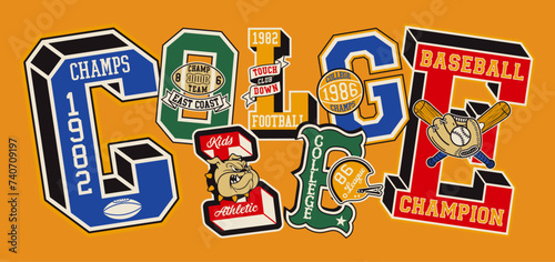 College athletic department initial font patches patchwork cute vintage vector artwork for boy kid children wear shirt sweatshirt print embroidery