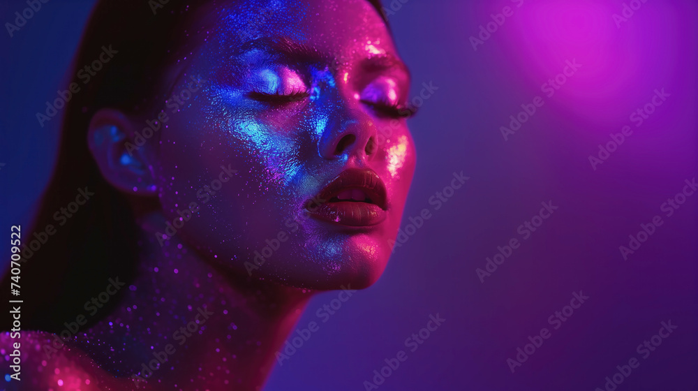 Sensual cosmic beauty, a woman's face adorned with glitter against a nebula-like backdrop Sensual cosmic beauty, a woman's face adorned with glitter against a nebula-like backdrop