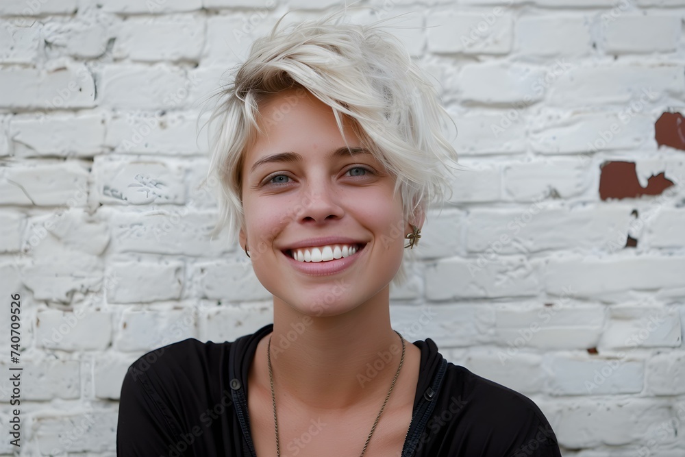 A smiling young woman with short blond hair exuding confidence. Concept Outdoor Photoshoot, Joyful Portraits, Confident Smile, Short Blond Hair, Young Woman, A smiling young woman with short blond hair exuding confidence. Concept Outdoor Photoshoot, Joyful Portraits, Confident Smile, Short Blond Hair, Young Woman,