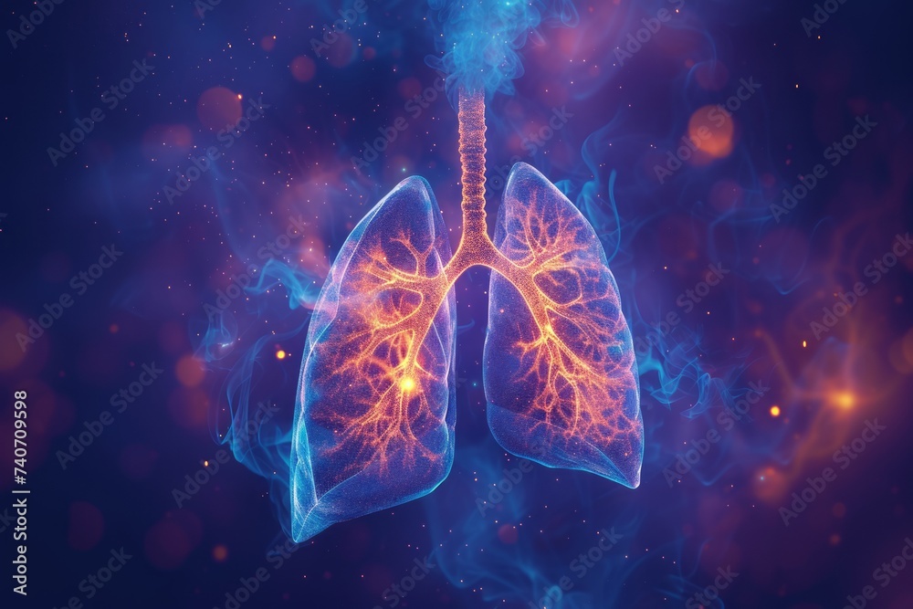 Virtual glowing lungs on a purple background with pink lights. 3D futuristic image illuminated with orange light.  - obrazy, fototapety, plakaty 