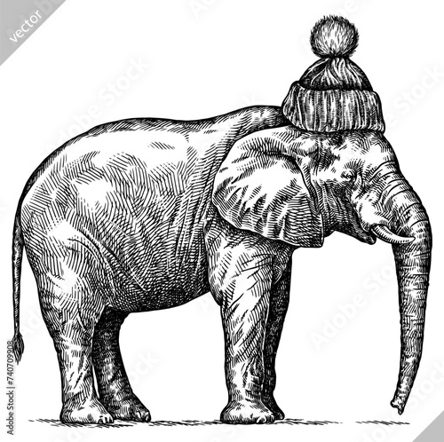 Vintage engraving isolated elephant glasses dressed fashion set illustration ink sketch. African bishop background animal silhouette sunglasses hipster hat art. Black and white hand drawn vector image