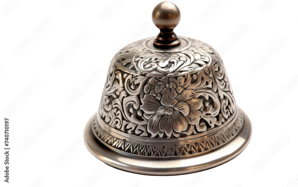 A close up photo of a metal bell adorned with a delicate and intricate flower design. on White or PNG Transparent Background. A close up photo of a metal bell adorned with a delicate and intricate flower design. on White or PNG Transparent Background.