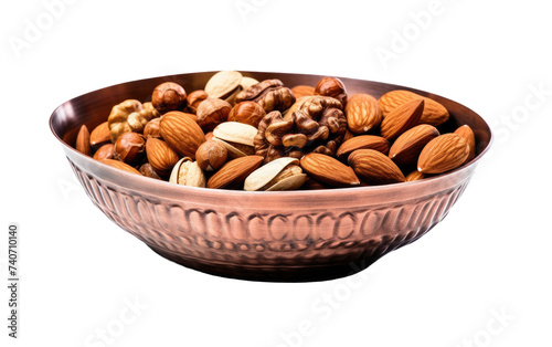 A metal bowl containing a variety of nuts. on White or PNG Transparent Background.