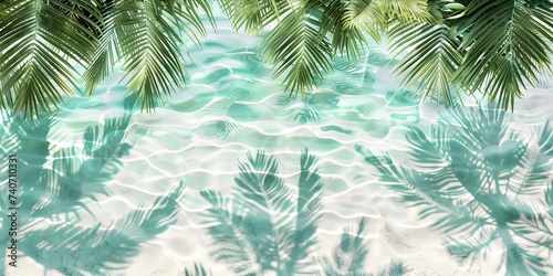 Clear turquoise waters with palm leaf shadows casting over white sandy ocean floor, evoking tropical paradise