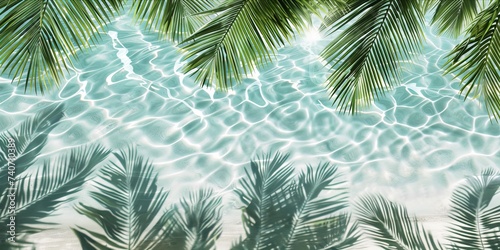 Crystal clear water under the shade of lush palm leaves, creating a serene tropical atmosphere