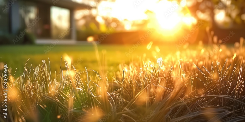 Sunlit meadow with delicate grass flowers capturing enchanting beauty of nature at sunset picturesque landscape bathed in golden sunlight perfect for illustrating and freshness of summer evening