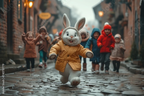 Easter Bunny Parade. A group of children follows the Easter Bunny as it leads a festive parade down a cobblestone street, waving and smiling as they celebrate the holiday together © arti om