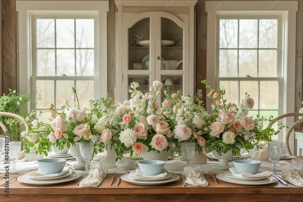 Family Brunch. A table set with pastel-colored tableware and fresh spring flowers serves as the backdrop for a family Easter brunch. Loved ones gather around