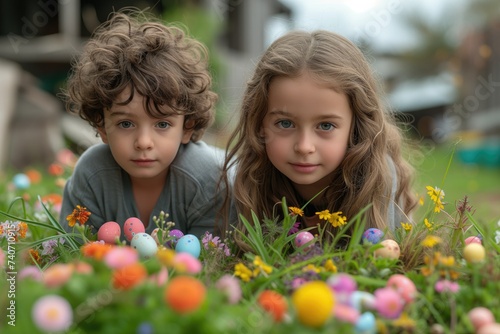 Easter Egg Hunt. Children eagerly search for colorful Easter eggs hidden among blooming flowers in a lush garden, their faces filled with excitement
