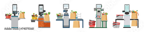 Set of self service checkout with shopping bag full of food and shopping baskets in the supermarket isolated on white. Self service and self payment terminal. Contactless payment.