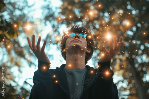 Create your future with visionary actions - Magical orbs of light dance around a person in a forest setting, capturing a moment of wonder and enchantment.