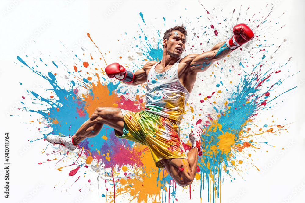 Boxer in action on a grunge background. Illustration of a boxer in action with colorful splash background. Portrait of an athletic male boxer with boxing gloves.
Boxer in action on a grunge background. Illustration of a boxer in action with colorful splash background. Portrait of an athletic male boxer with boxing gloves.