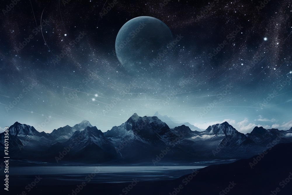 Night landscape with dark silhouettes of mountains and sky with stars AND MOON. Mystical sunrise background with lake. Night landscape with dark silhouettes of mountains and sky with stars AND MOON. Mystical sunrise background with lake.