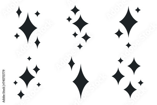 A set of Sparkle icons. Black Shine star signs on an isolated background. A collection of vector symbols 	
 with diamonds