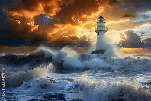 A lighthouse during sunset while waves are crashing