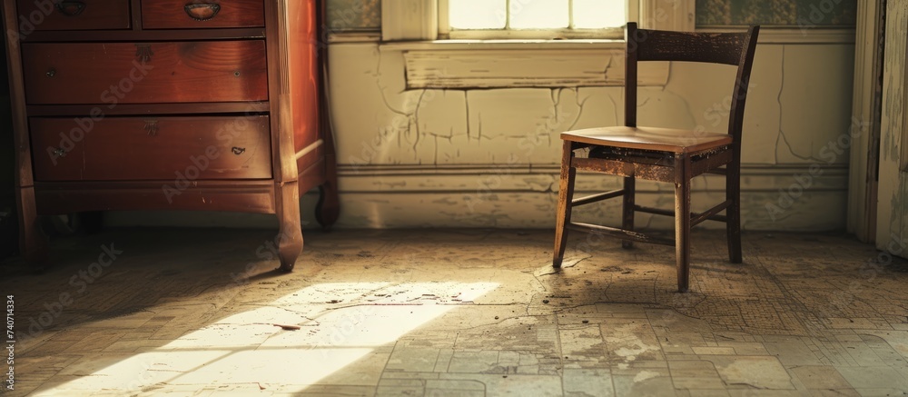 Lonely chair by the window in an empty room with sunlight shining through