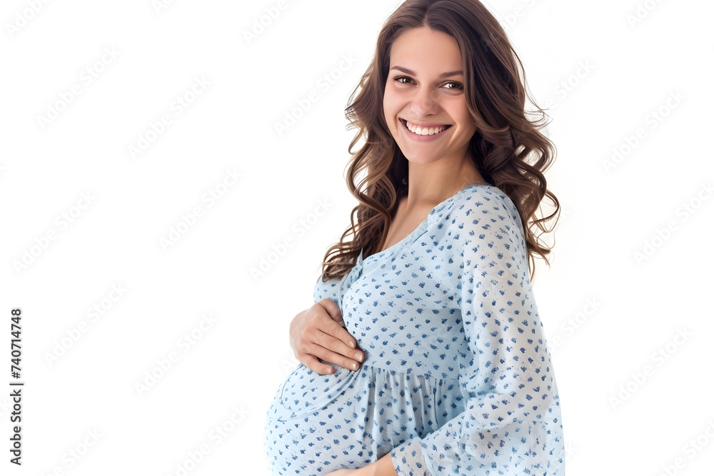 Closeup portrait of happy pregnant woman isolated on white background