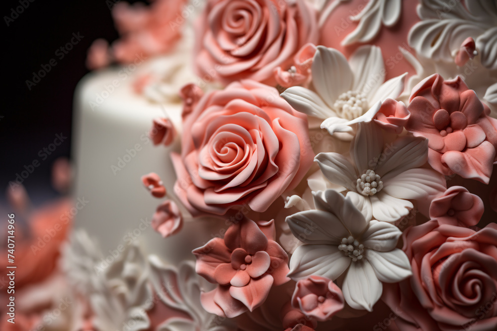 Pink and white flower sugar icing on white wedding cake Pink and white flower sugar icing on white wedding cake