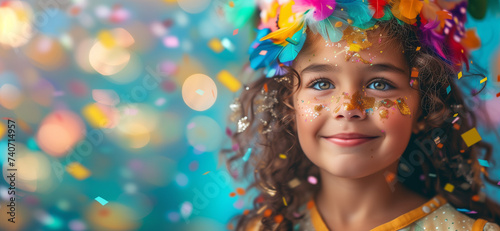 Children's carnival birthday. Joyous child girl in colorful carnival attire celebrating with confetti and balloons on a bright blue background 