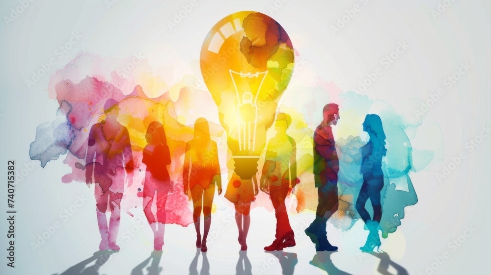 Creative Teamwork Idea Concept - Vibrant watercolor silhouettes around a lightbulb symbolize innovation and collective creativity.