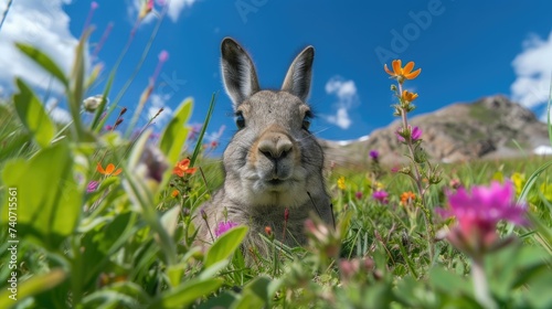 Close-up of a curious viscacha peeking through a colorful meadow of wildflowers under a bright blue sky.
 photo